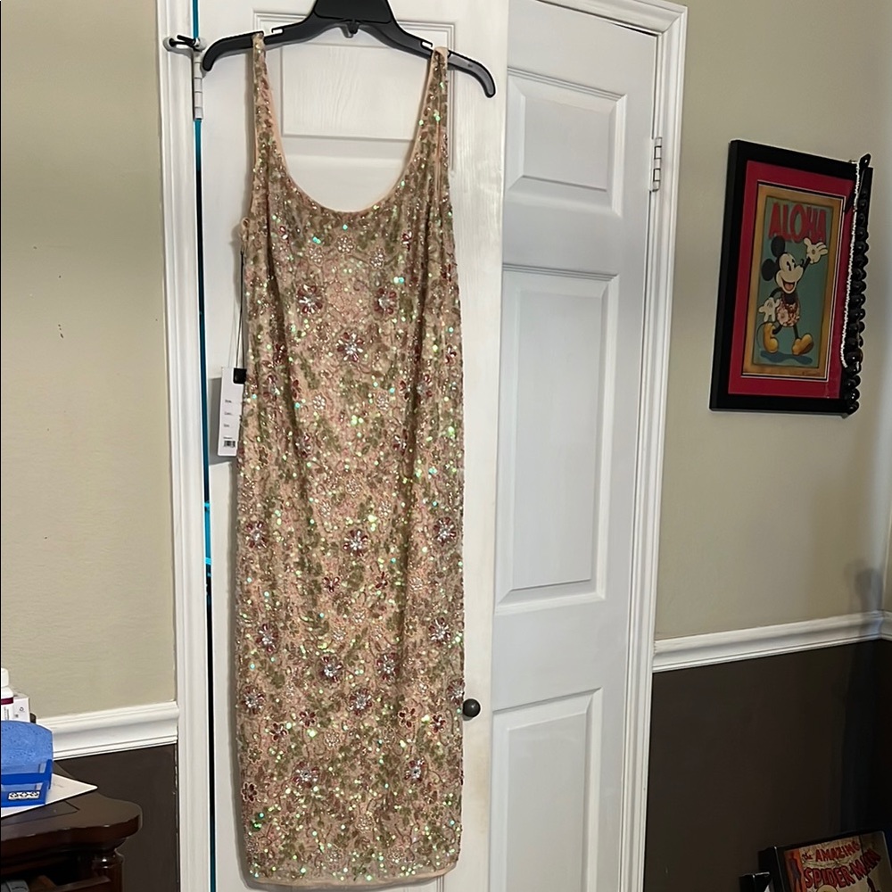 Mac Duggal Floral Embellished Midi Dress - Cream and Pink - Picture 2 of 5
